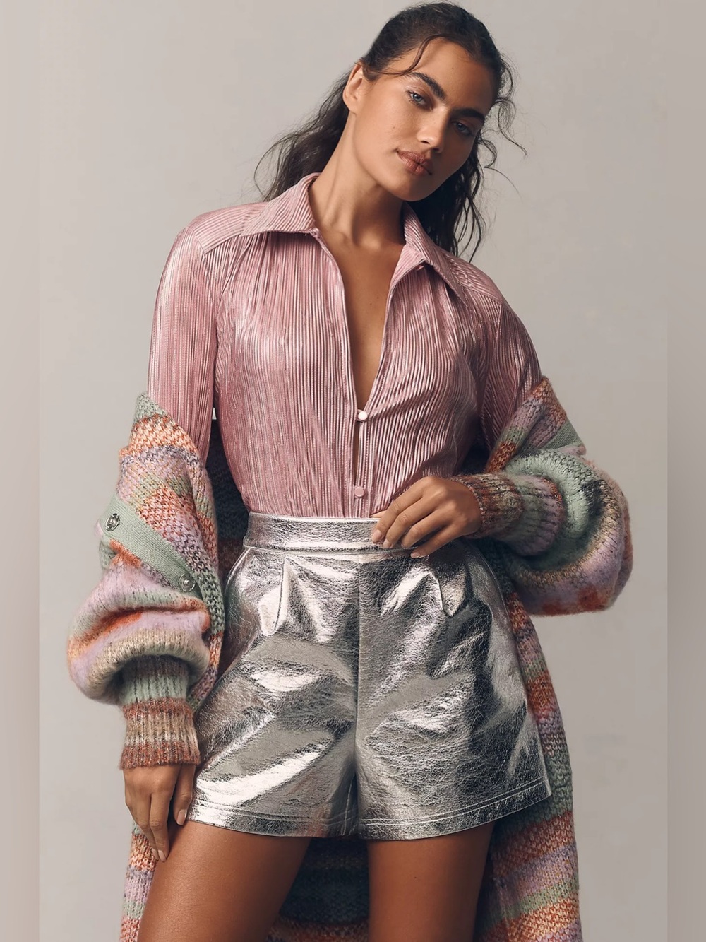 NWOT Sabina Musayev Rigel Pleated Foil Blouse Pink Size Small - Picture 2 of 13